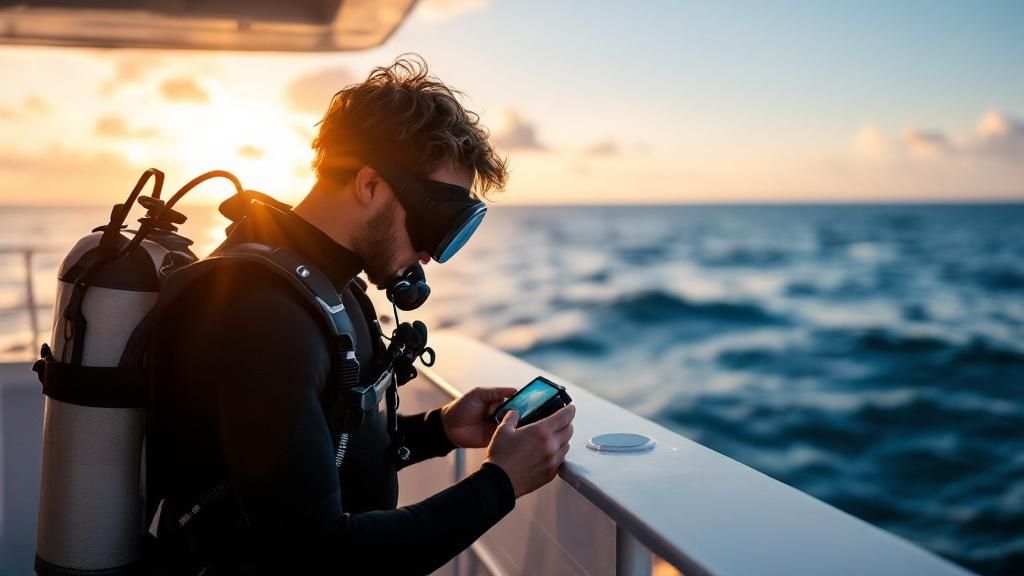 A scuba diver getting ready on a boat for a manta ray dive in Kona.