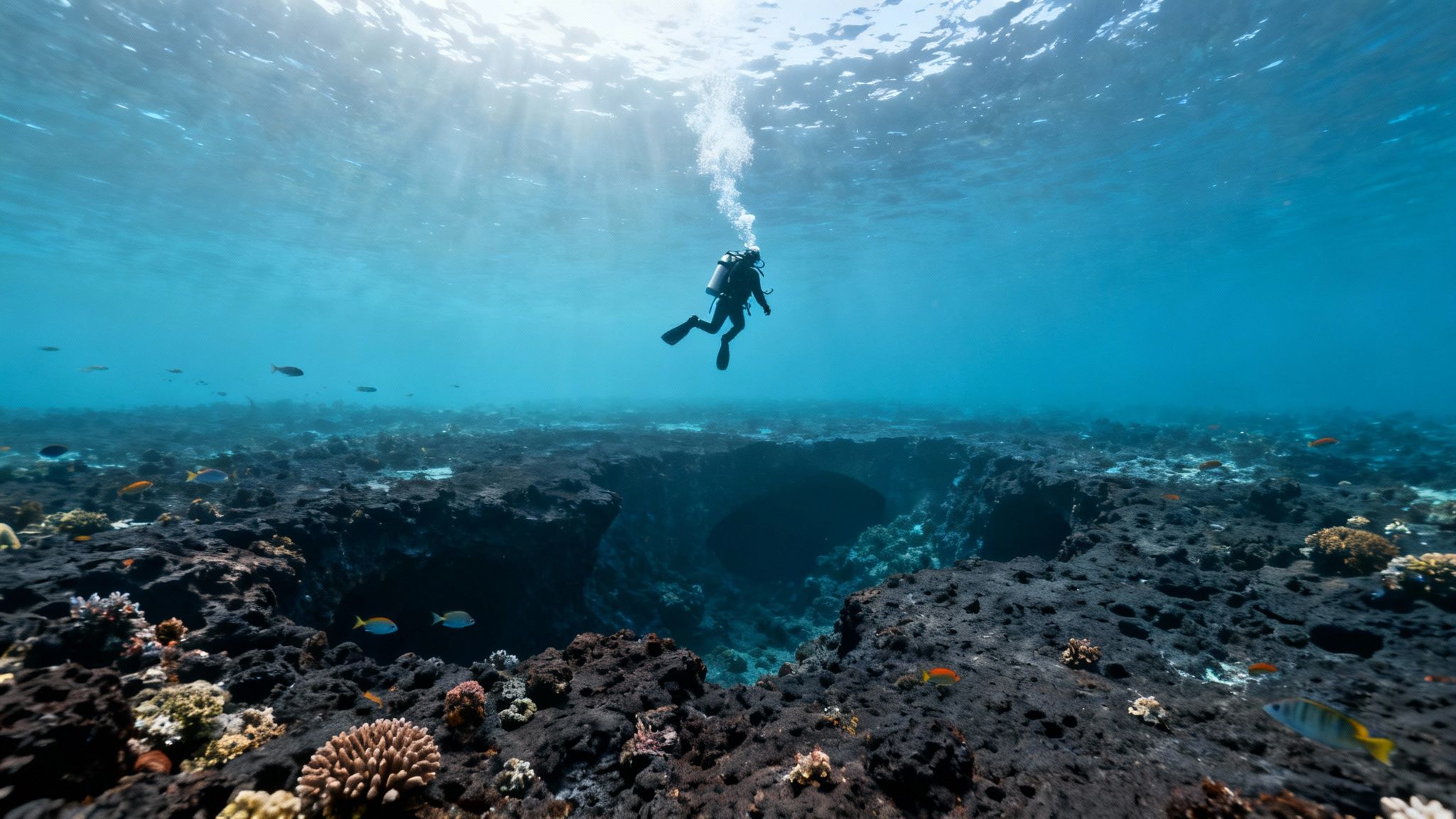 A scuba diver ascends through sunlit blue water above a dark coral reef with a deep cave and colorful fish.