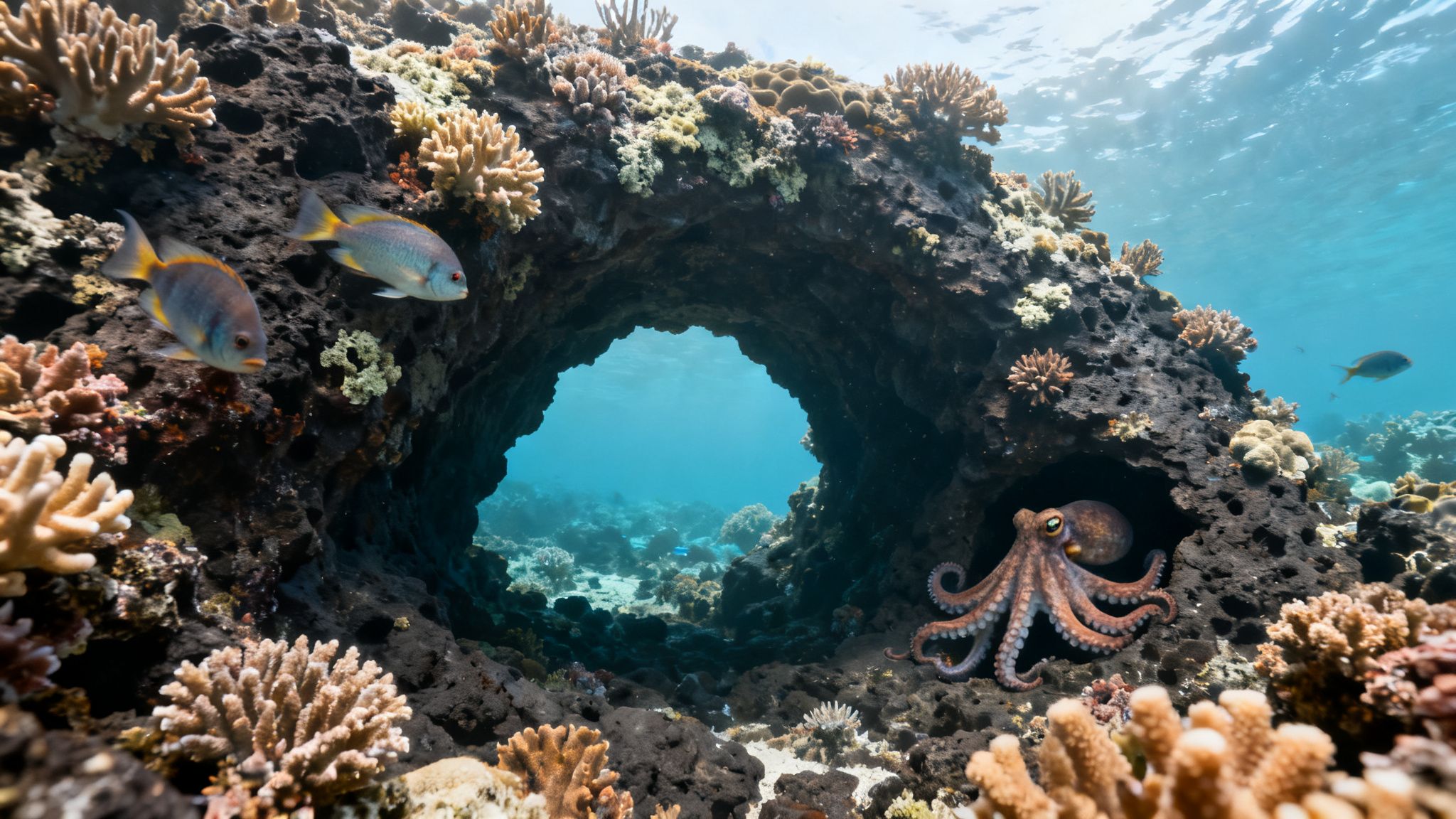 Underwater view of a vibrant coral reef archway with fish swimming and an octopus in a crevice.