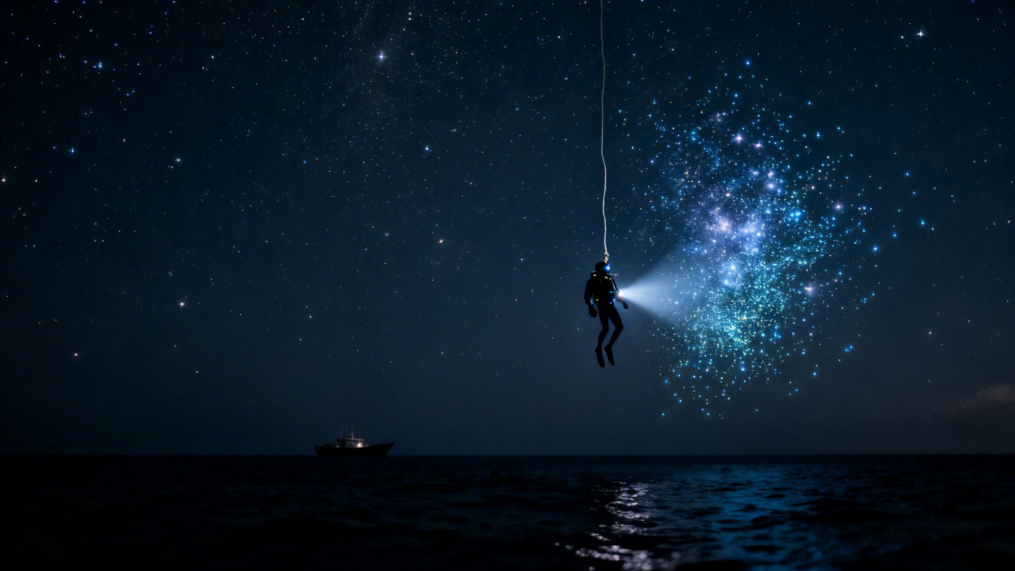 A diver with a flashlight illuminates a dazzling cloud of glowing particles in the dark ocean under a starry sky.