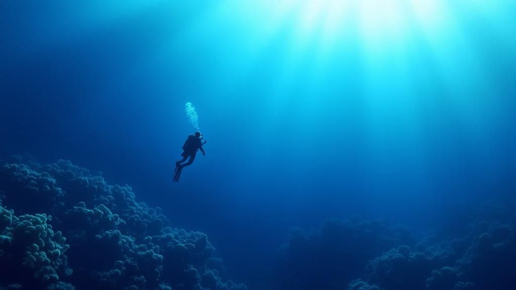 A scuba diver explores a vibrant coral reef with clear blue water in the background.