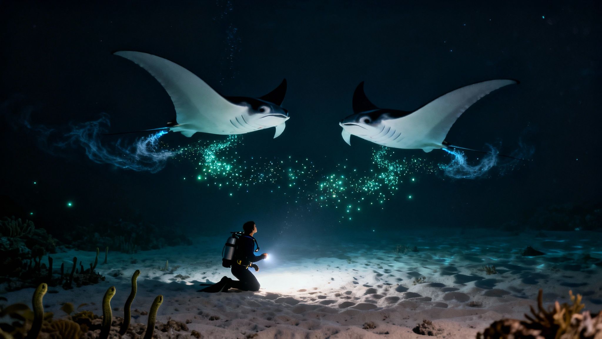 A diver on the seafloor illuminates two manta rays surrounded by glowing bioluminescent particles at night.