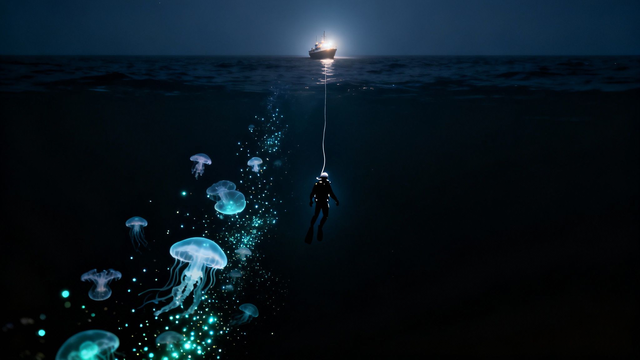 A diver shines a light on bioluminescent creatures during a blackwater dive.