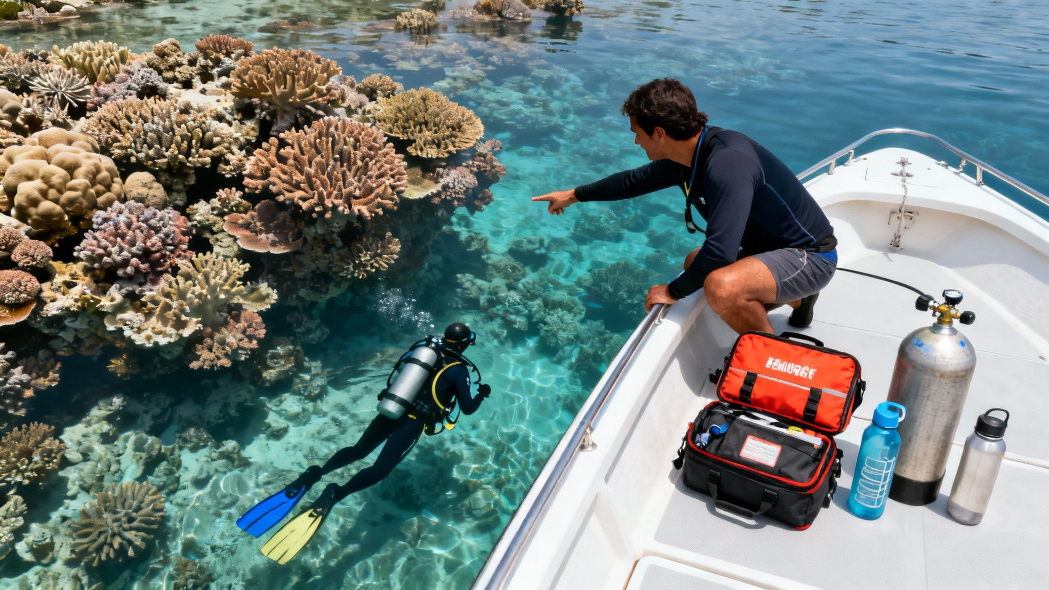 A man on a boat points to a diver exploring a colorful coral reef in clear blue water.