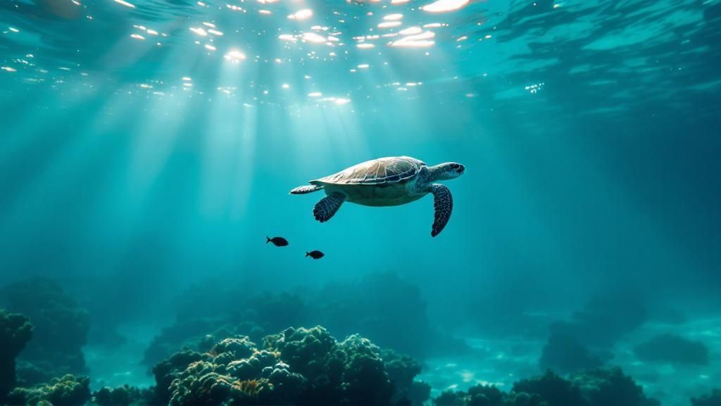 Green sea turtle swimming over a coral reef on the Big Island.