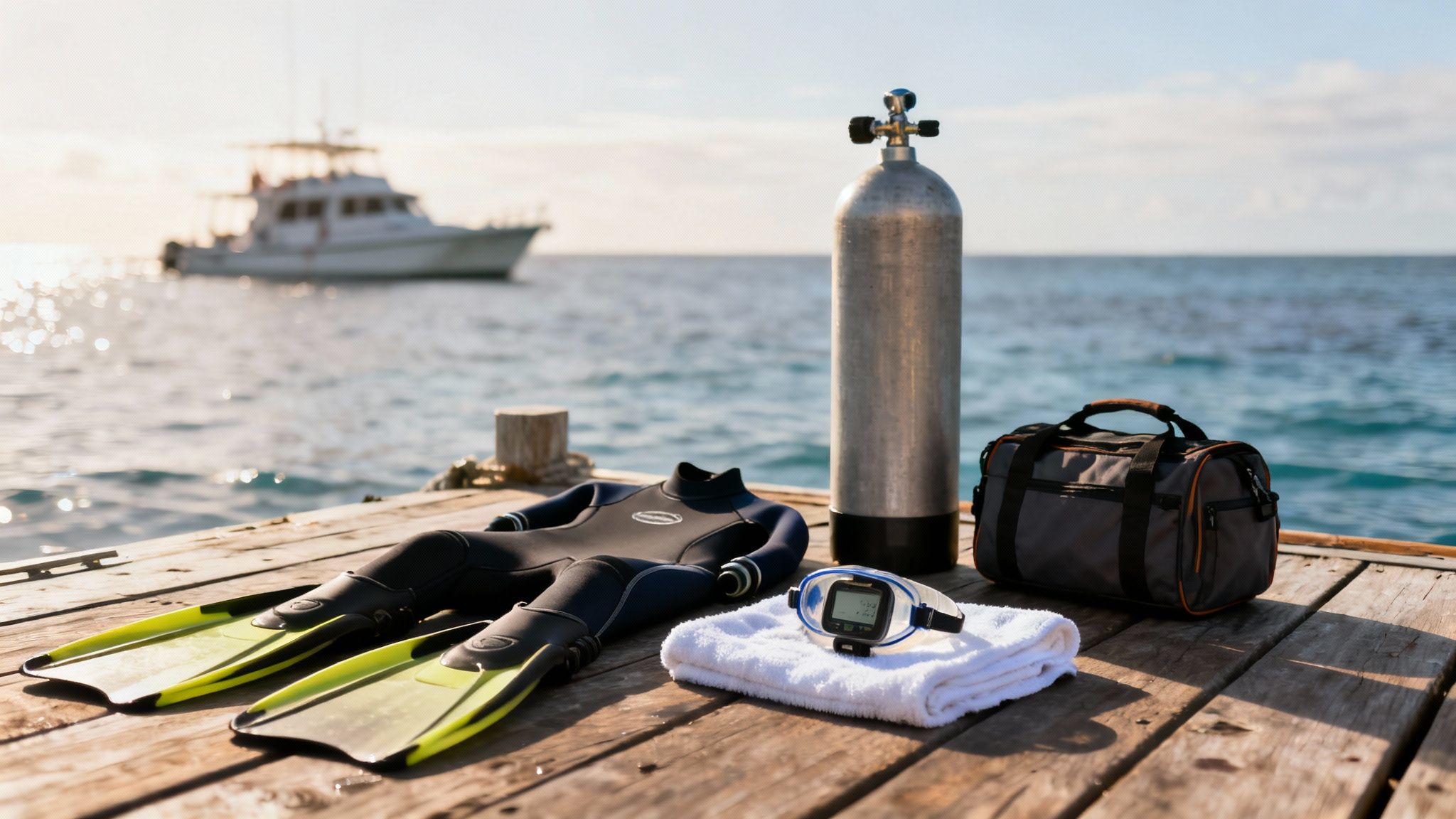Scuba diving gear, including a wetsuit, fins, tank, and dive computer, laid out on a wooden dock with a boat in the background.