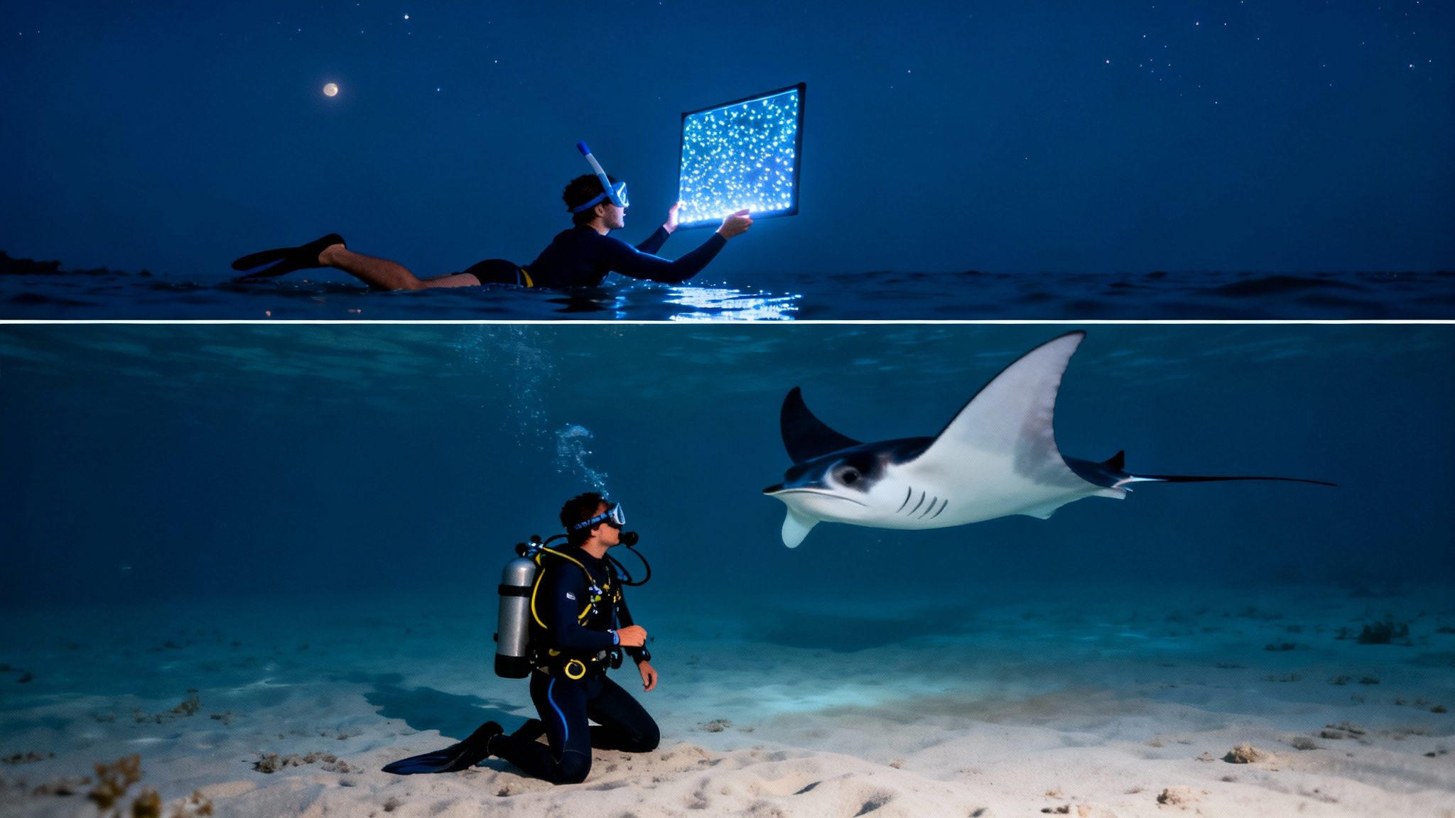 A split image shows a snorkeler holding a glowing screen at night, and a diver with a manta ray underwater.