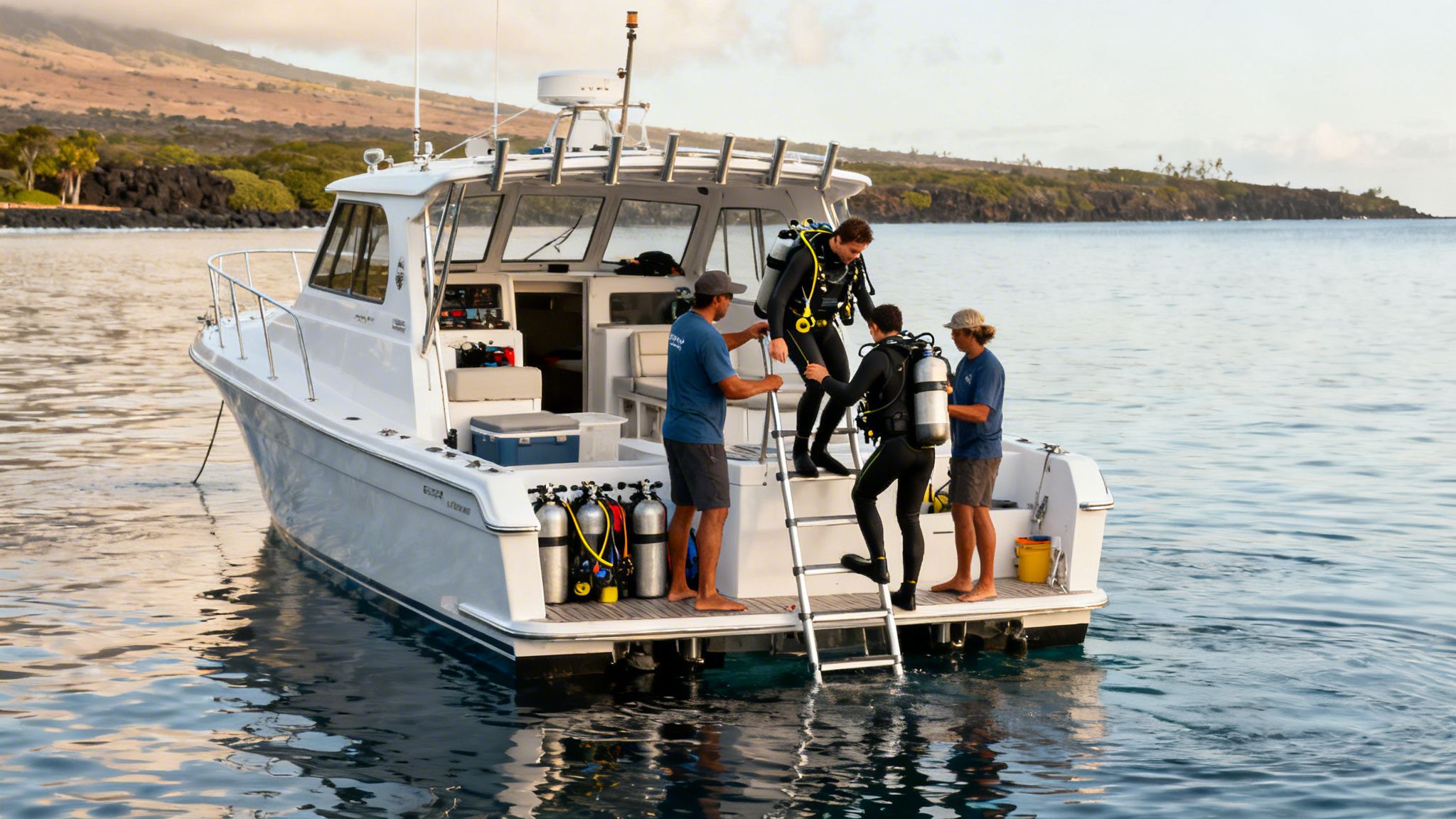 Divers in wetsuits climbing a ladder onto a white boat from the ocean, assisted by crew.