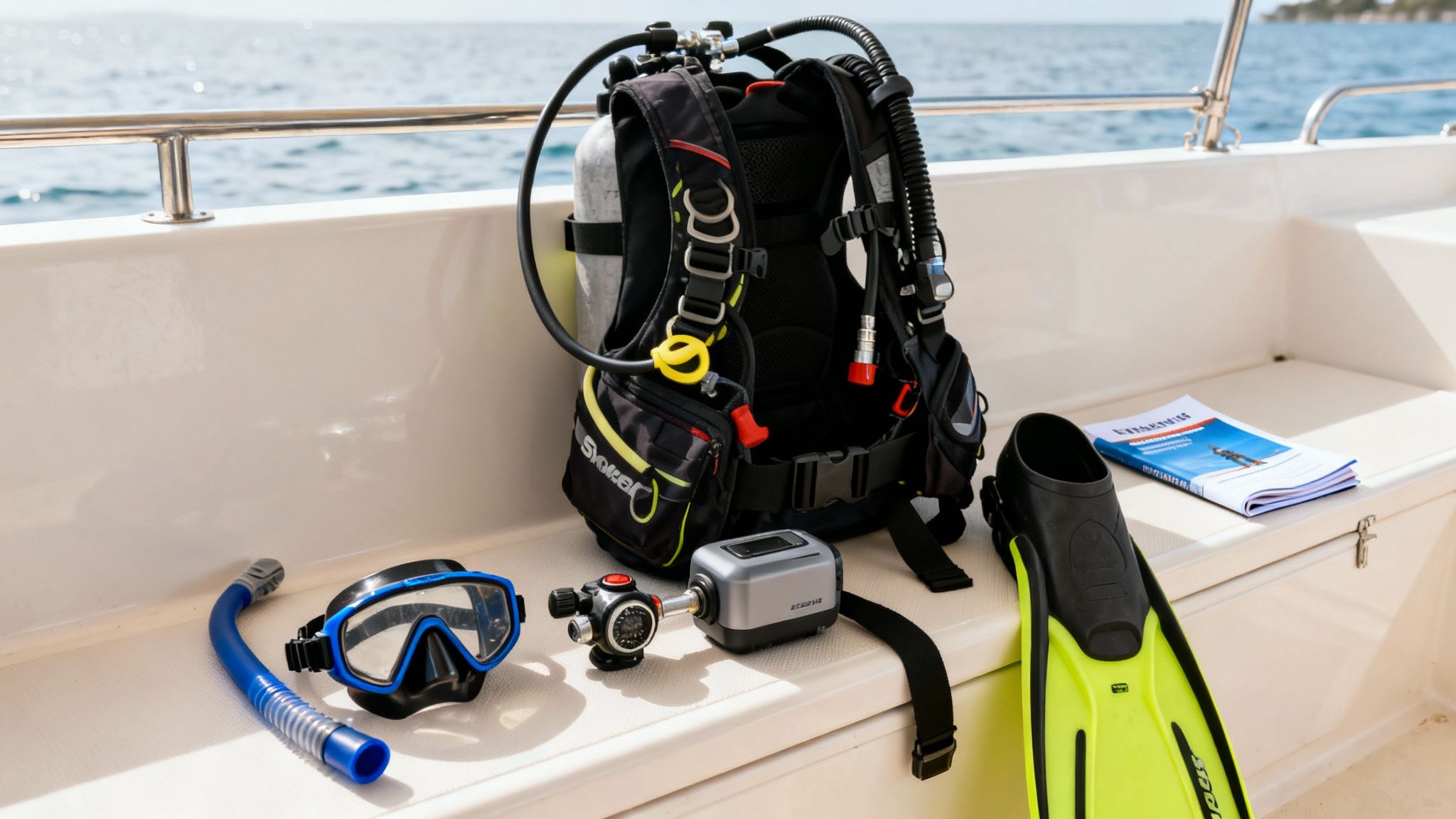 Complete scuba diving gear laid out on a boat deck with the ocean in the background.