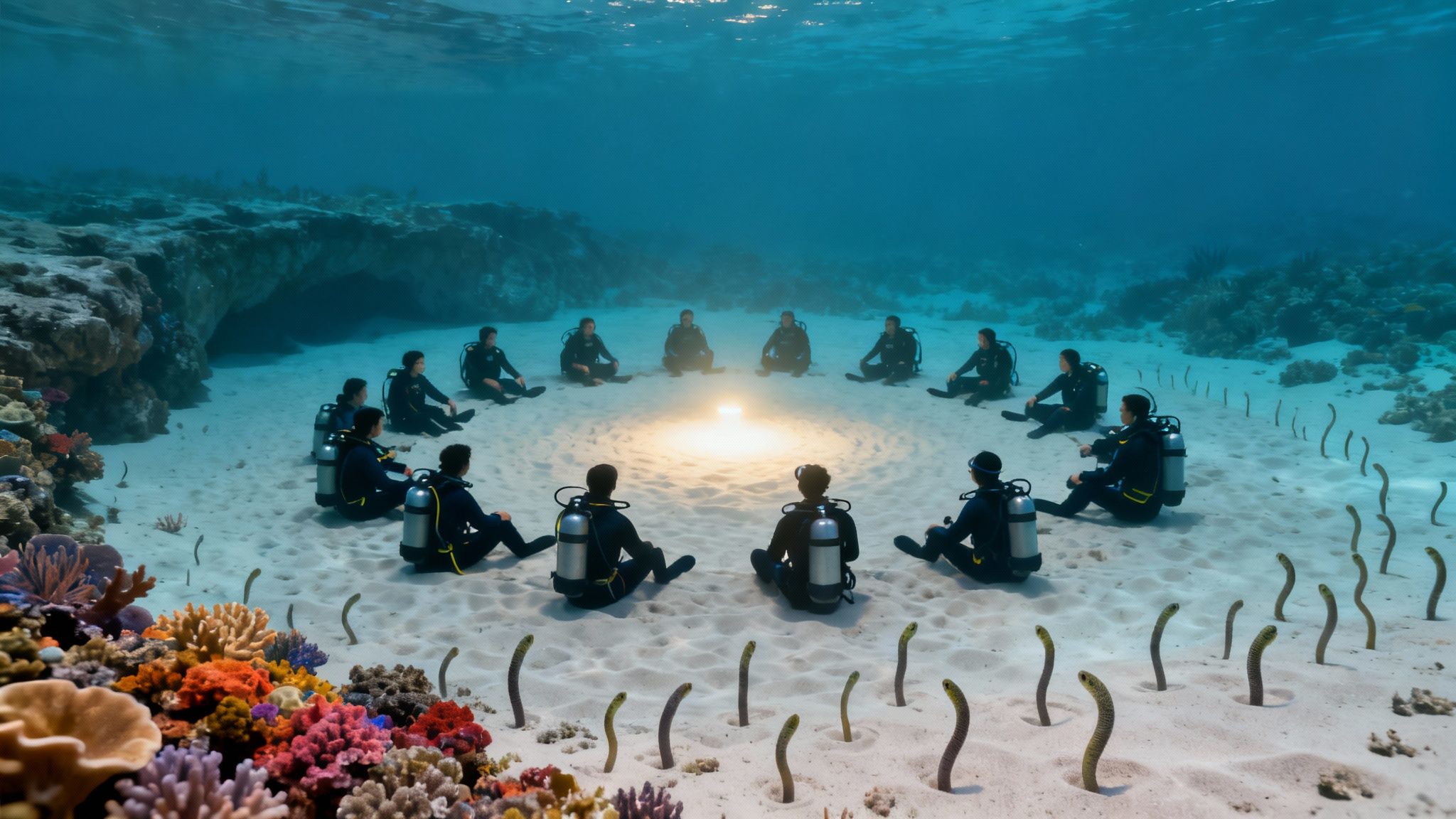 Scuba divers sit in a circle on a sandy ocean floor around a bright light, surrounded by garden eels and coral.