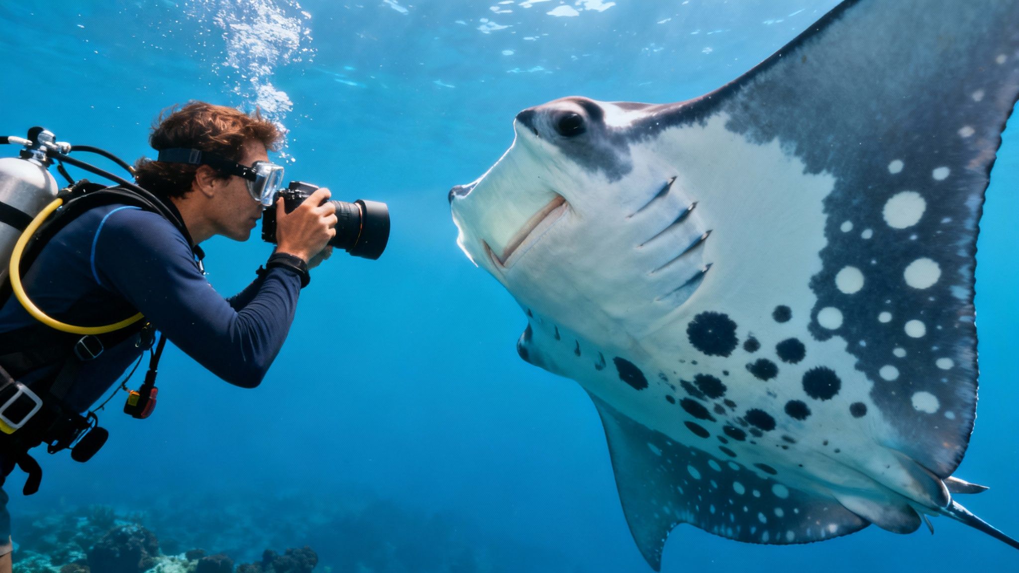 A large manta ray glides through the dark water, its white belly markings clearly visible.
