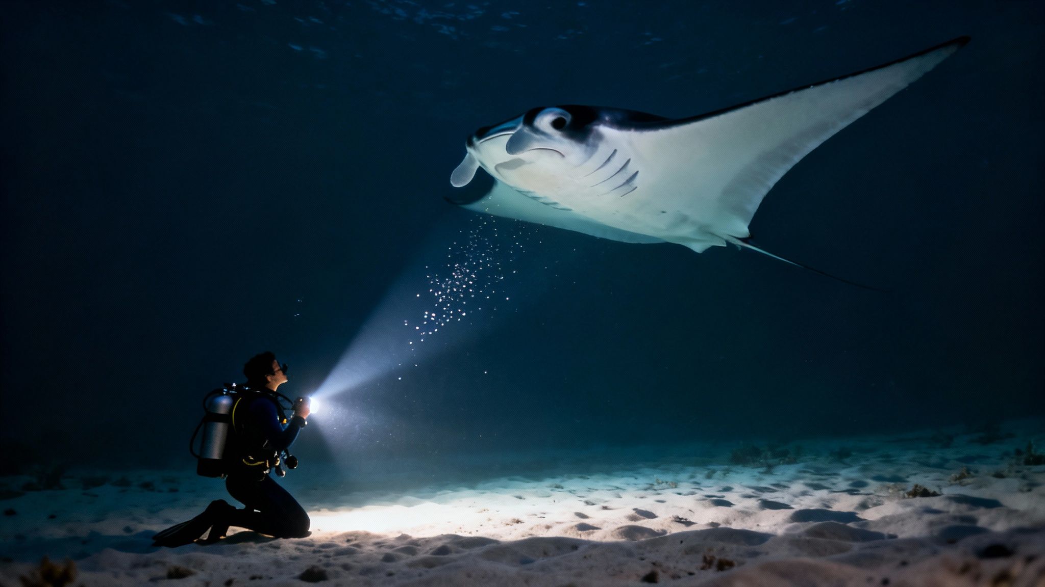 Scuba diver illuminating a majestic manta ray with flashlight during night dive underwater