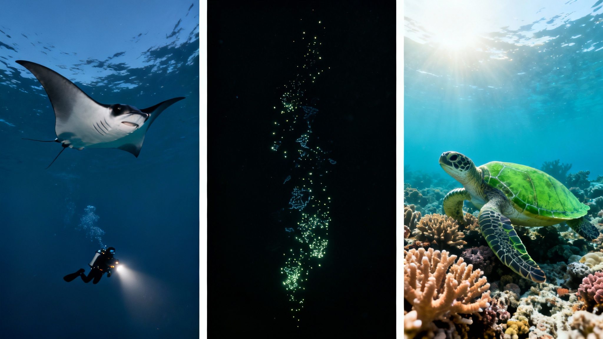 A triptych showing a manta ray and diver, glowing marine life, and a green sea turtle on a reef.