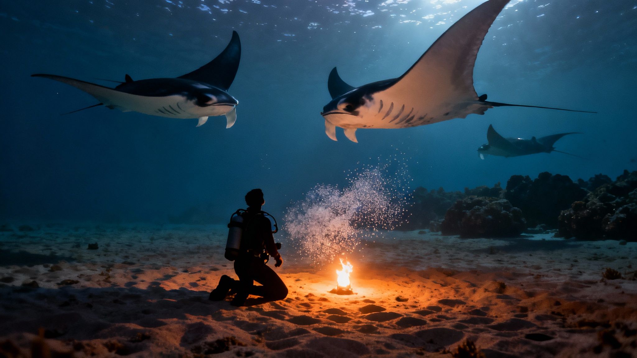 A diver kneels on the sandy seabed, watching three majestic manta rays swim above a glowing underwater campfire.