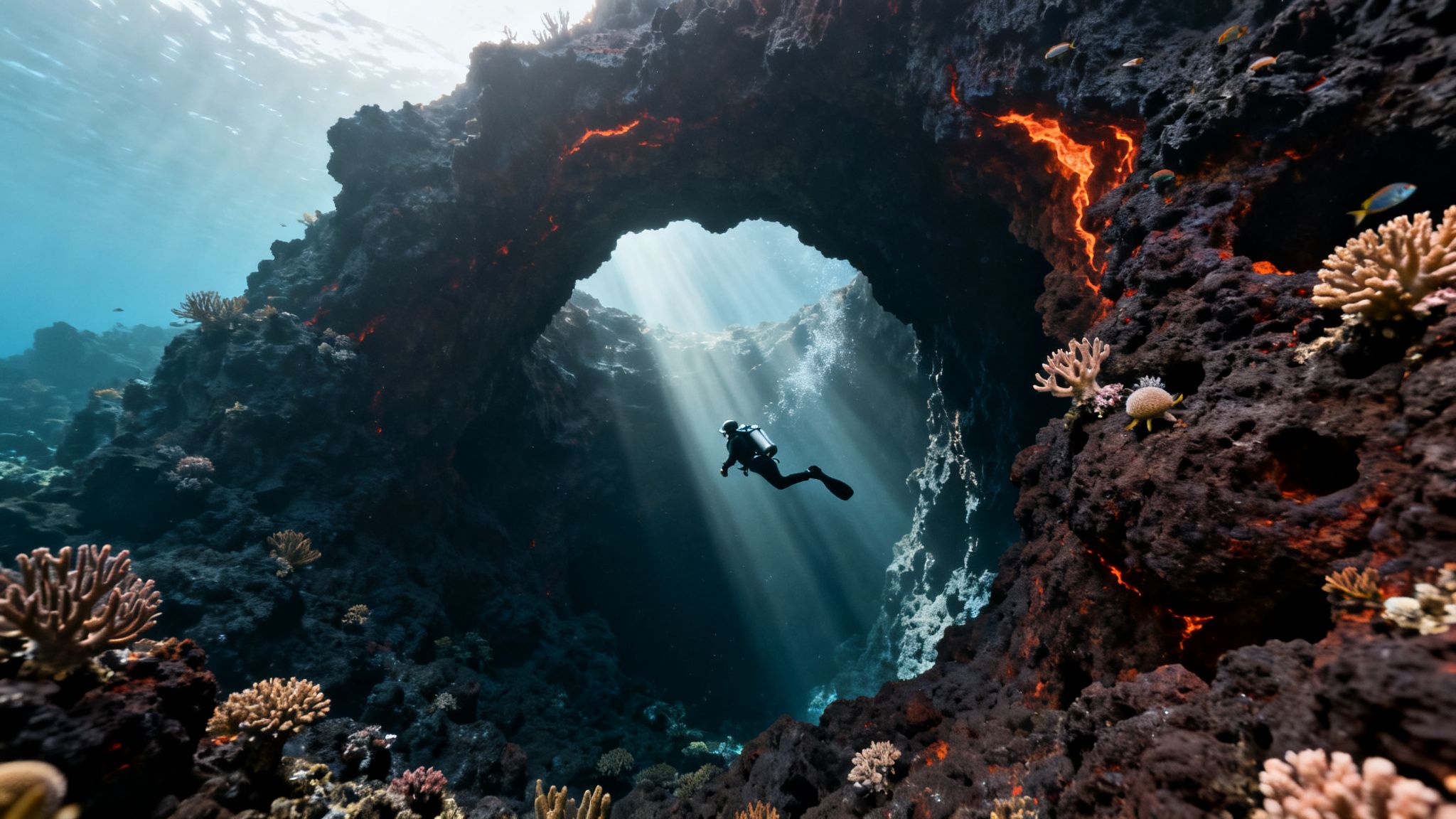 A scuba diver explores a dramatic underwater cave with glowing lava-like rock and sunbeams from above.