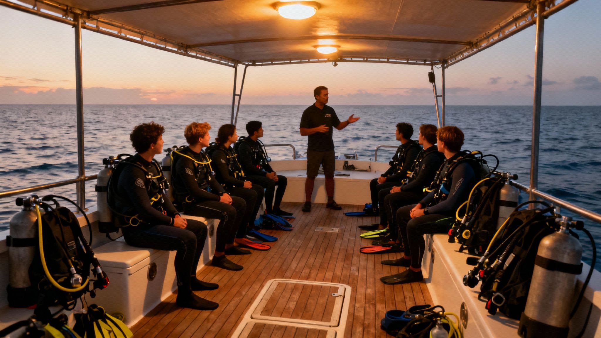 A scuba diver kneeling on the sandy ocean floor, looking up at a giant manta ray swimming just overhead.