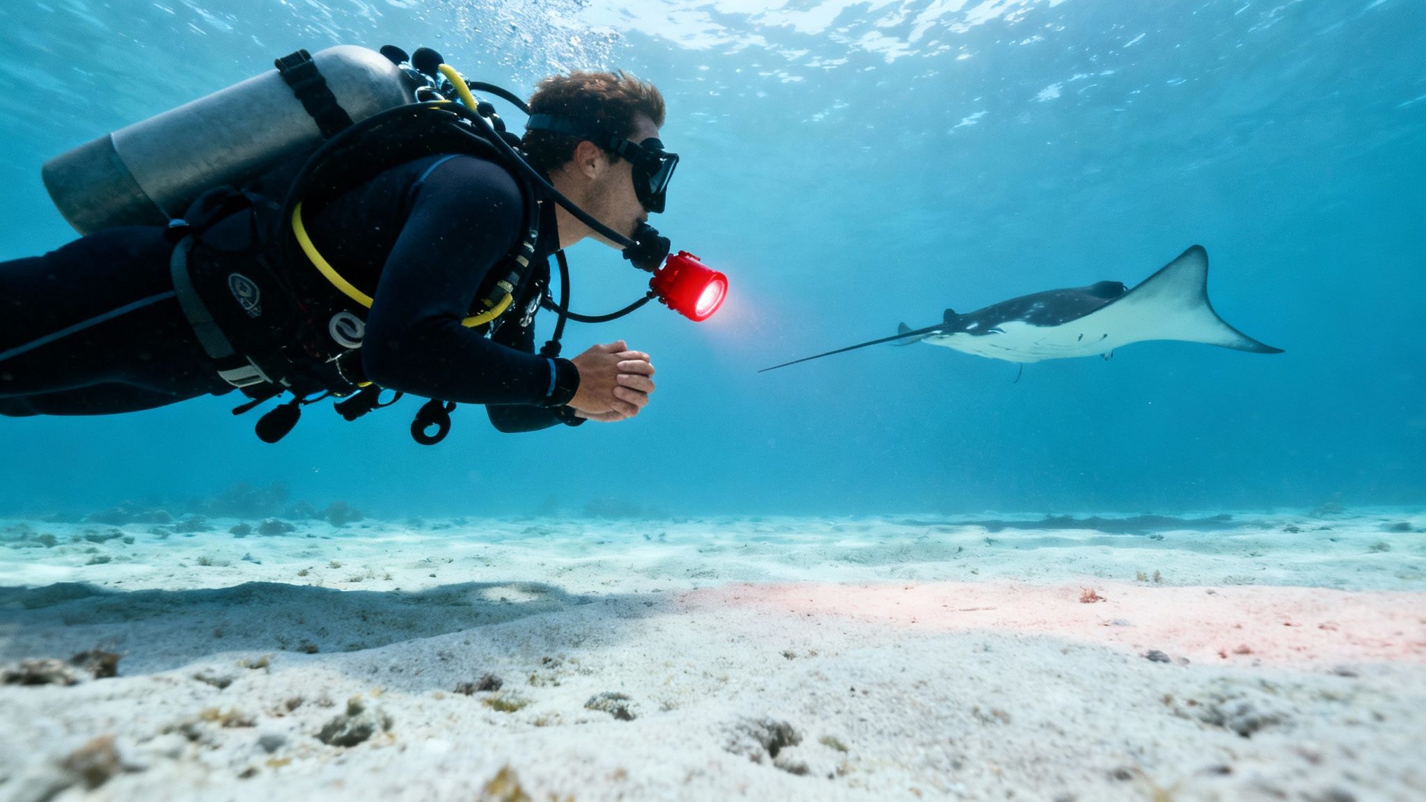 A diver kneels on the sandy ocean floor, watching a massive manta ray feed just above, its mouth open wide.