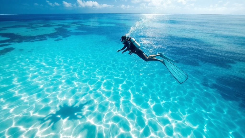A scuba diver swims through a massive underwater volcanic archway in Kona, Hawaii.