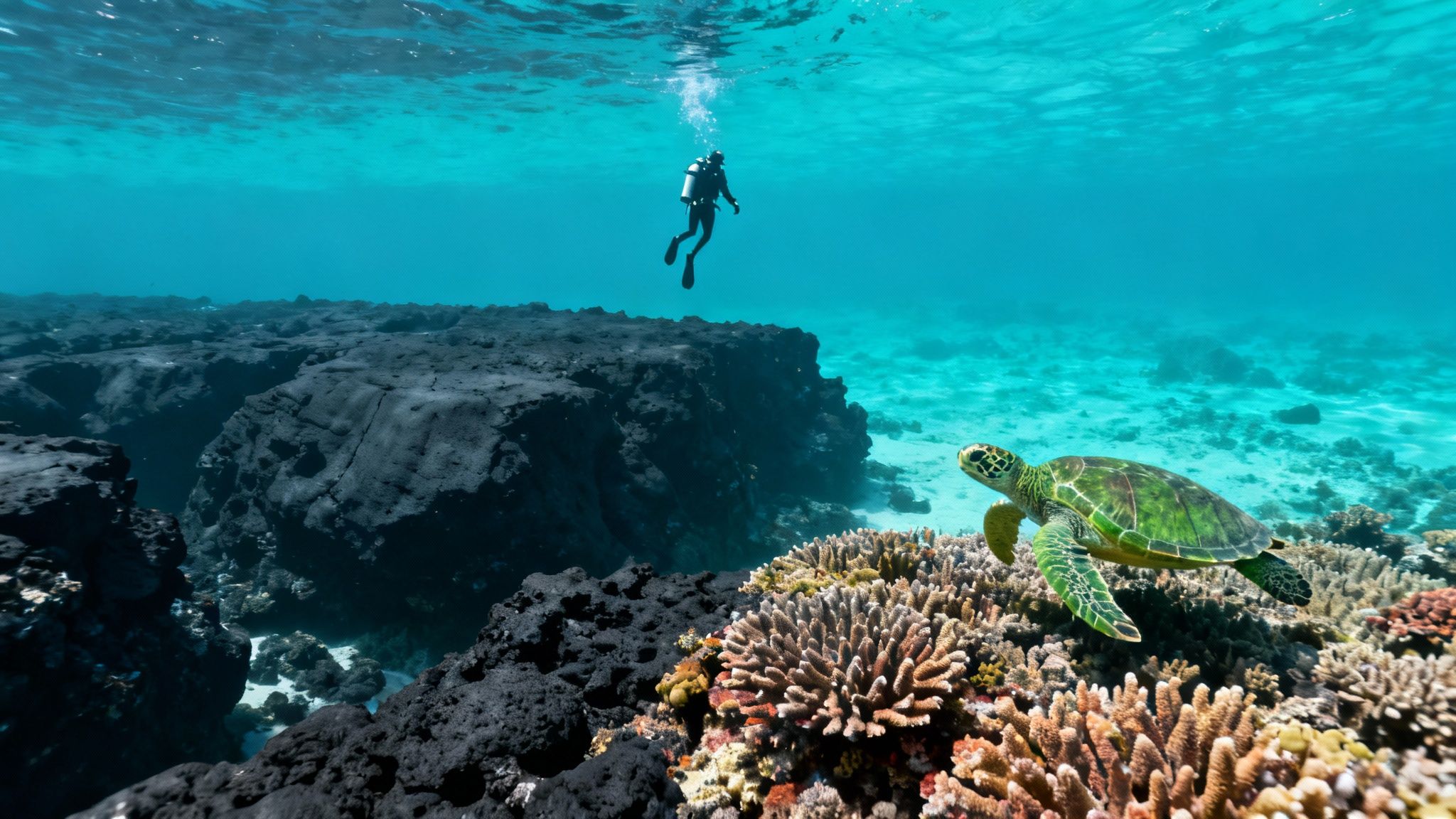 A scuba diver swims near a coral reef with a sea turtle on the Big Island of Hawaii