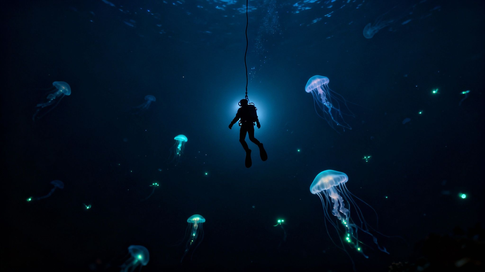 A diver's silhouette is illuminated while descending into a dark ocean filled with glowing jellyfish.