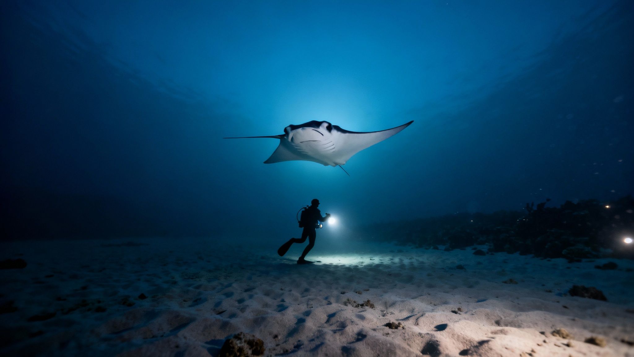 A majestic manta ray gracefully glides through the dark ocean waters, illuminated by dive lights.