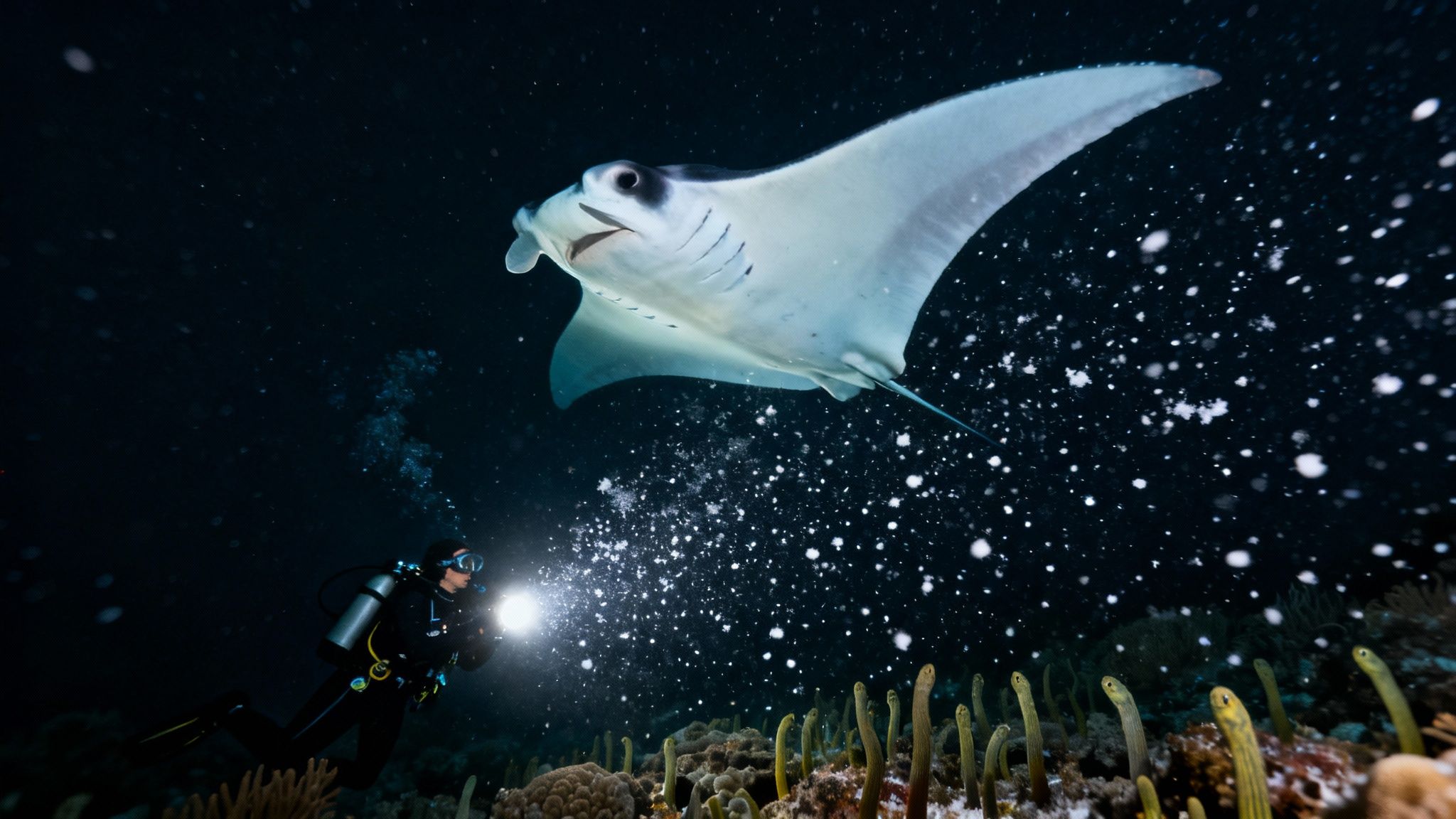 Giant Manta Ray swimming gracefully at night, illuminated by dive lights.