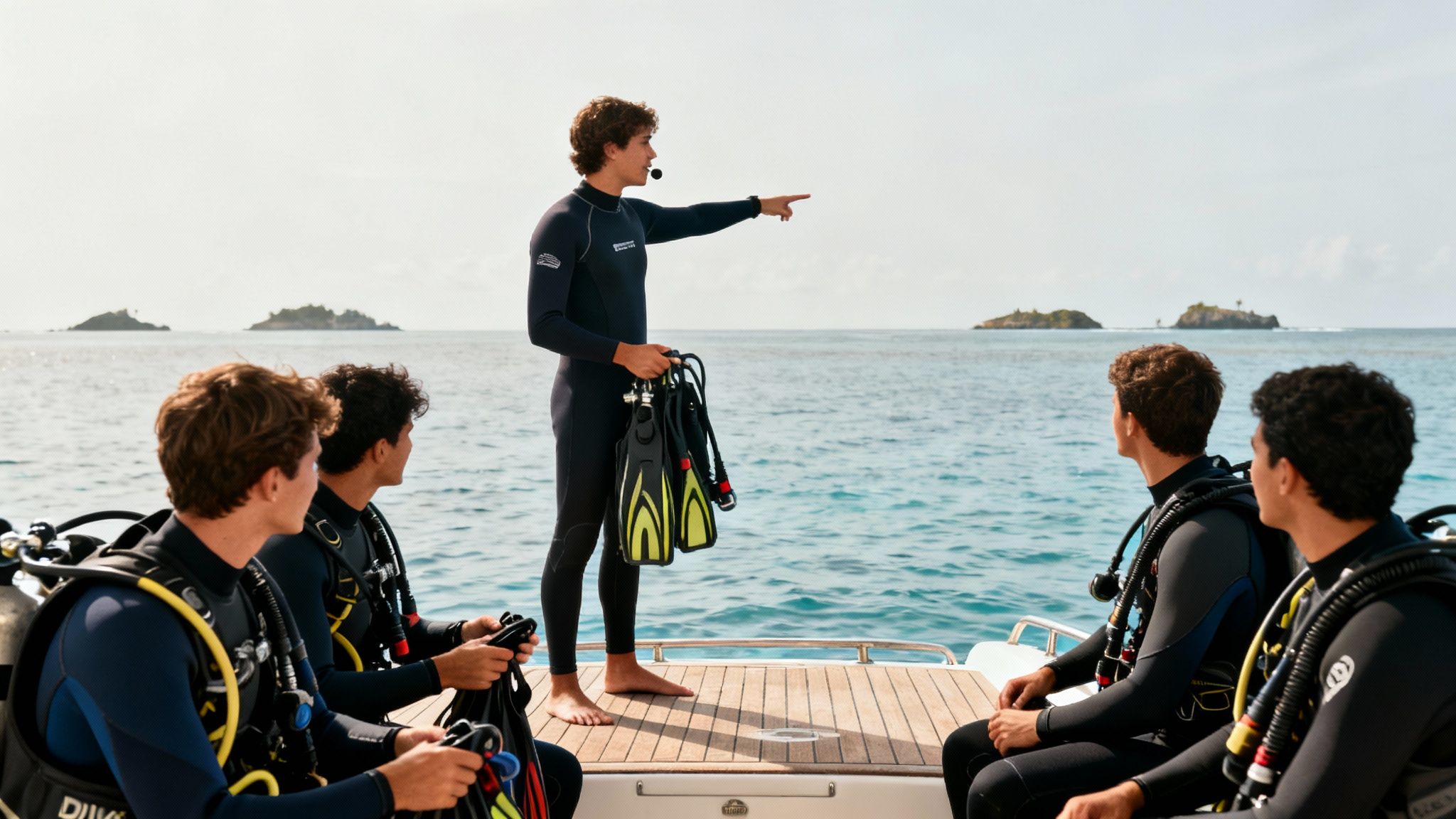 A diving instructor points while explaining to five students in wetsuits on a boat.