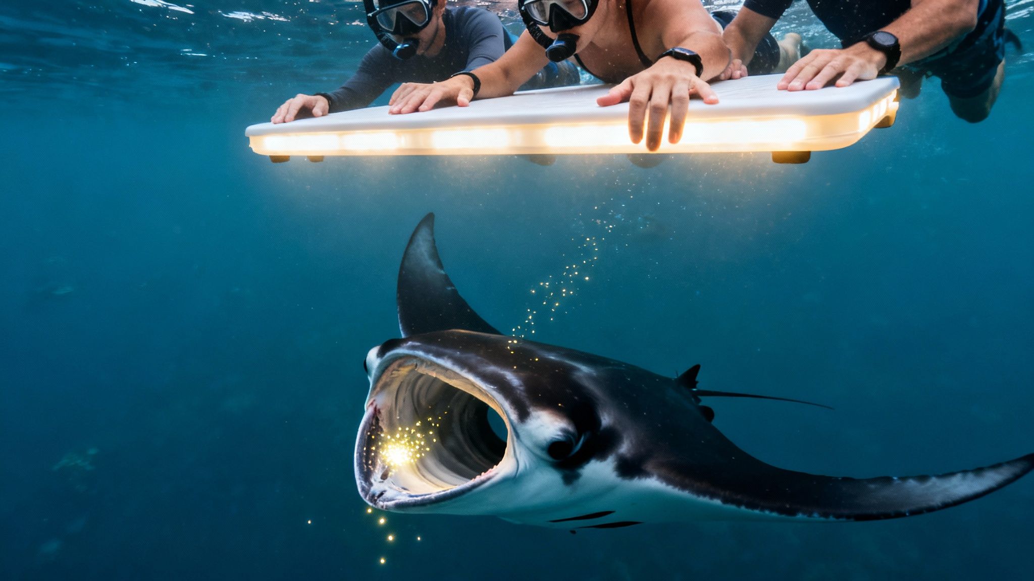 Three snorkelers with a lighted board watch a majestic manta ray feeding underwater.