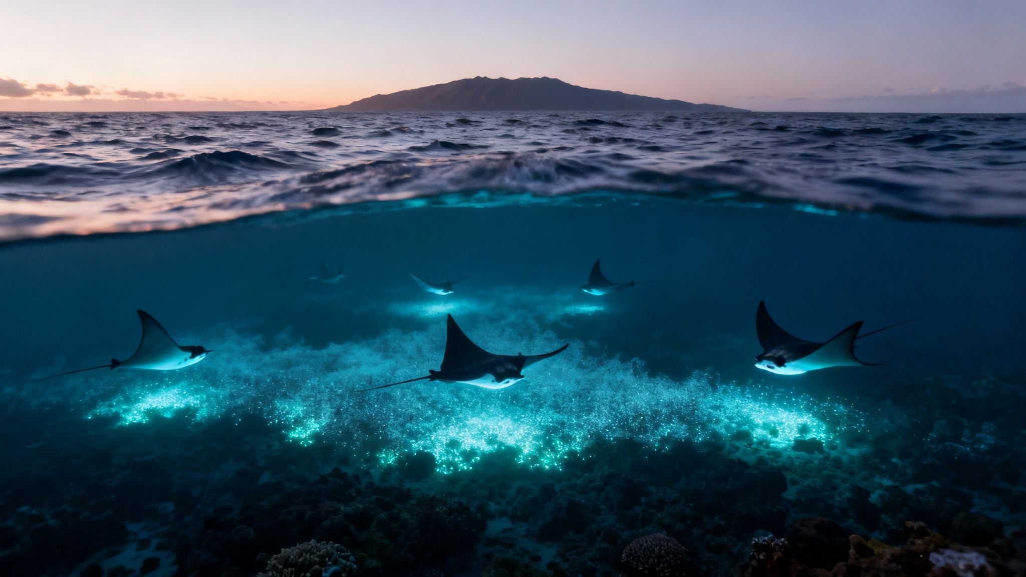 Split-level view of manta rays swimming over glowing bioluminescence at dusk near a distant island.