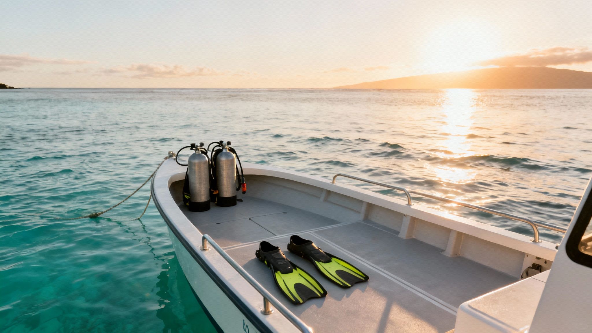 A scuba dive boat on the calm blue waters of Kona, Hawaii, with divers preparing their gear.