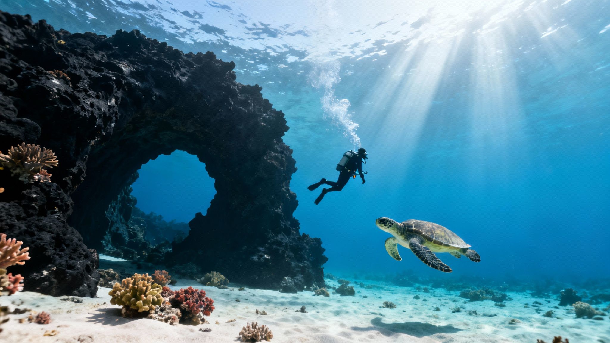 A scuba diver swimming past vibrant coral reefs in the clear blue waters of the Big Island, Hawaii.