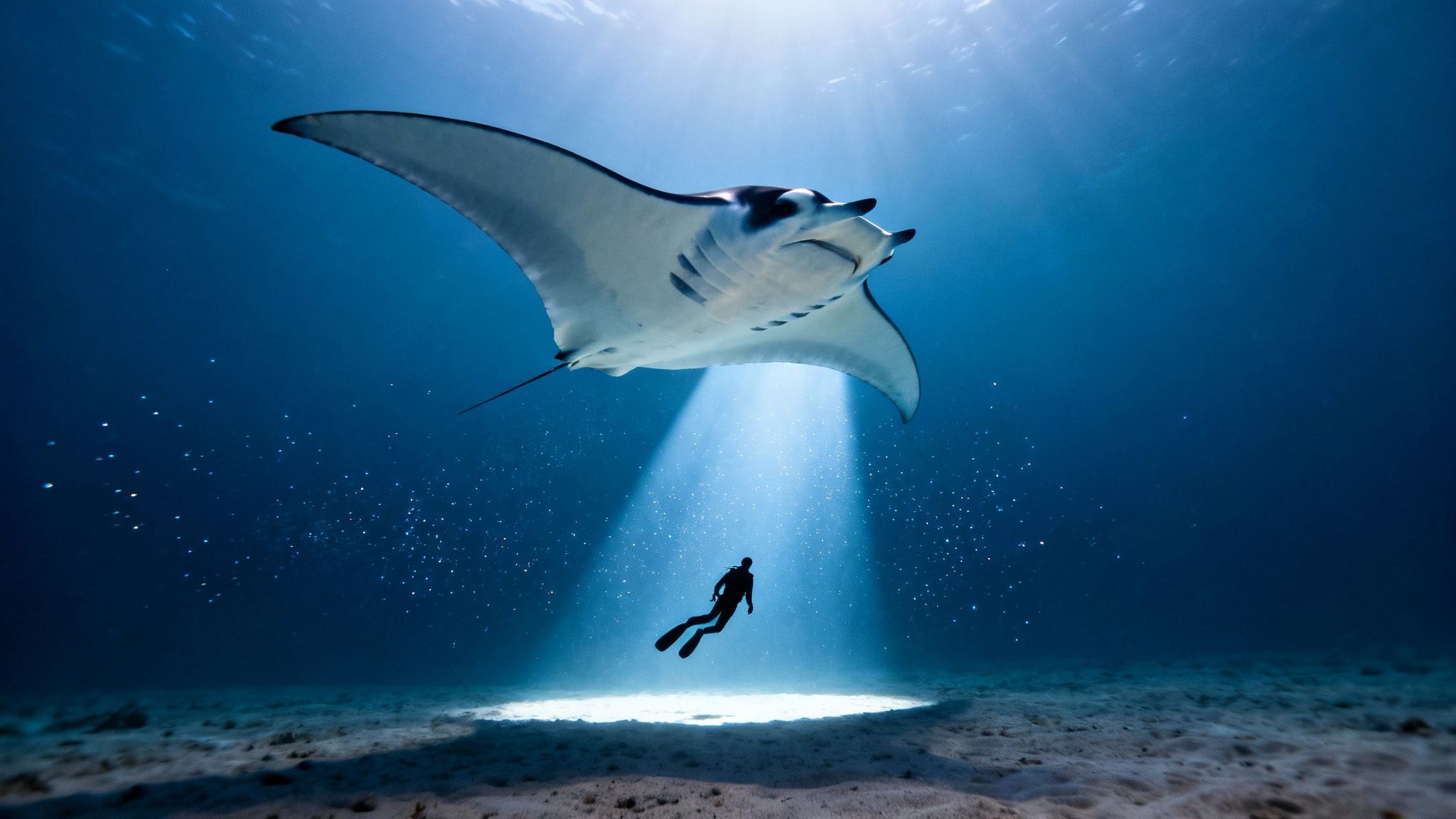 A majestic manta ray swims above a diver silhouetted in a sunbeam on the sandy ocean floor.