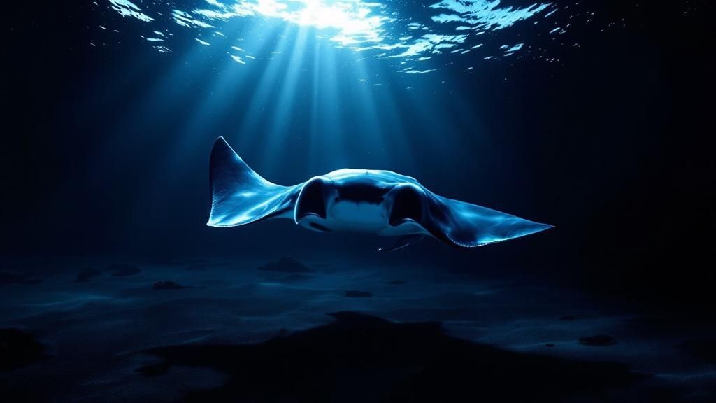 A giant manta ray glides gracefully through dark water, its mouth open to feed near bright dive lights.
