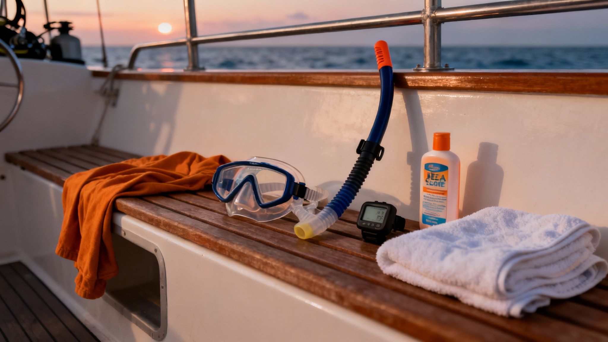 A group of scuba divers preparing their gear on a dive boat in Kona before a manta ray night dive.