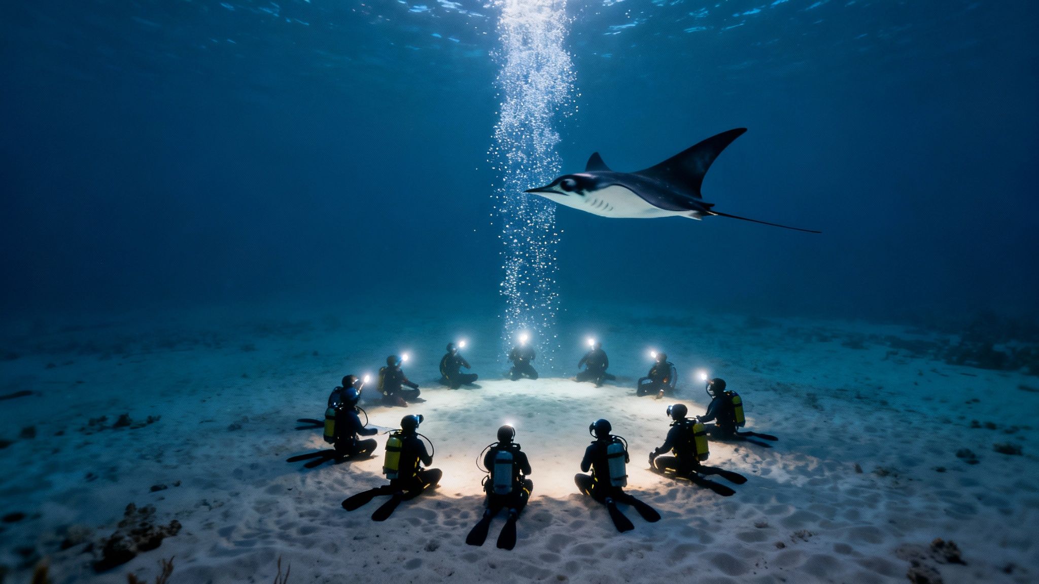 Divers' lights create an underwater campfire effect for the manta ray night dive in Kona