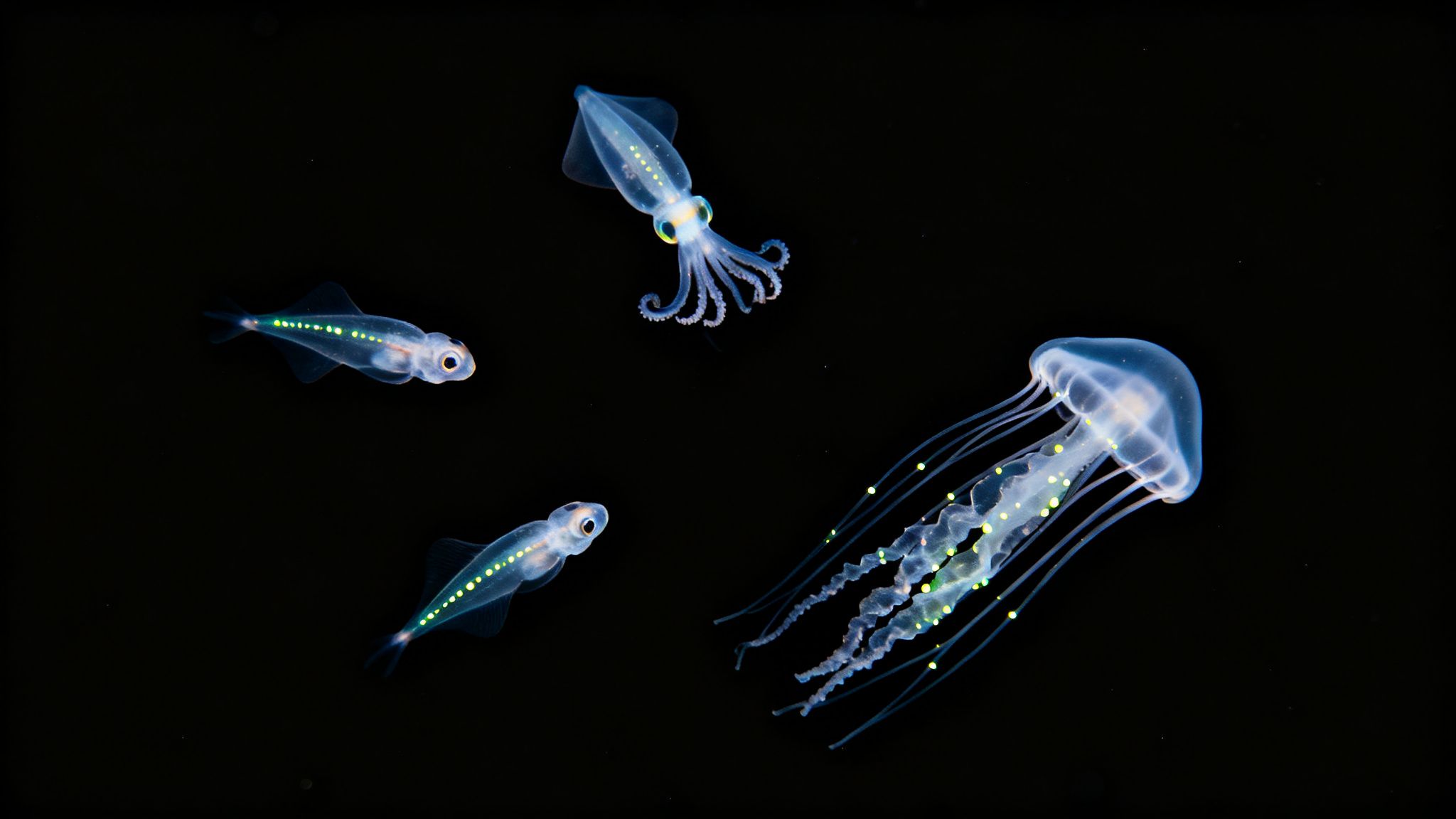 Bioluminescent deep-sea creatures: a squid, jellyfish, and two fish with glowing spots in darkness.