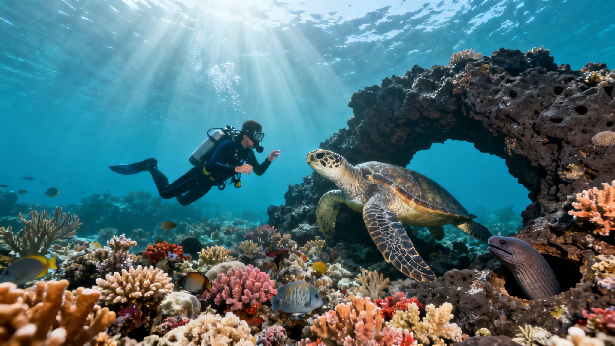 A diver interacts with a sea turtle on a vibrant coral reef, with a moray eel peeking from a rock.