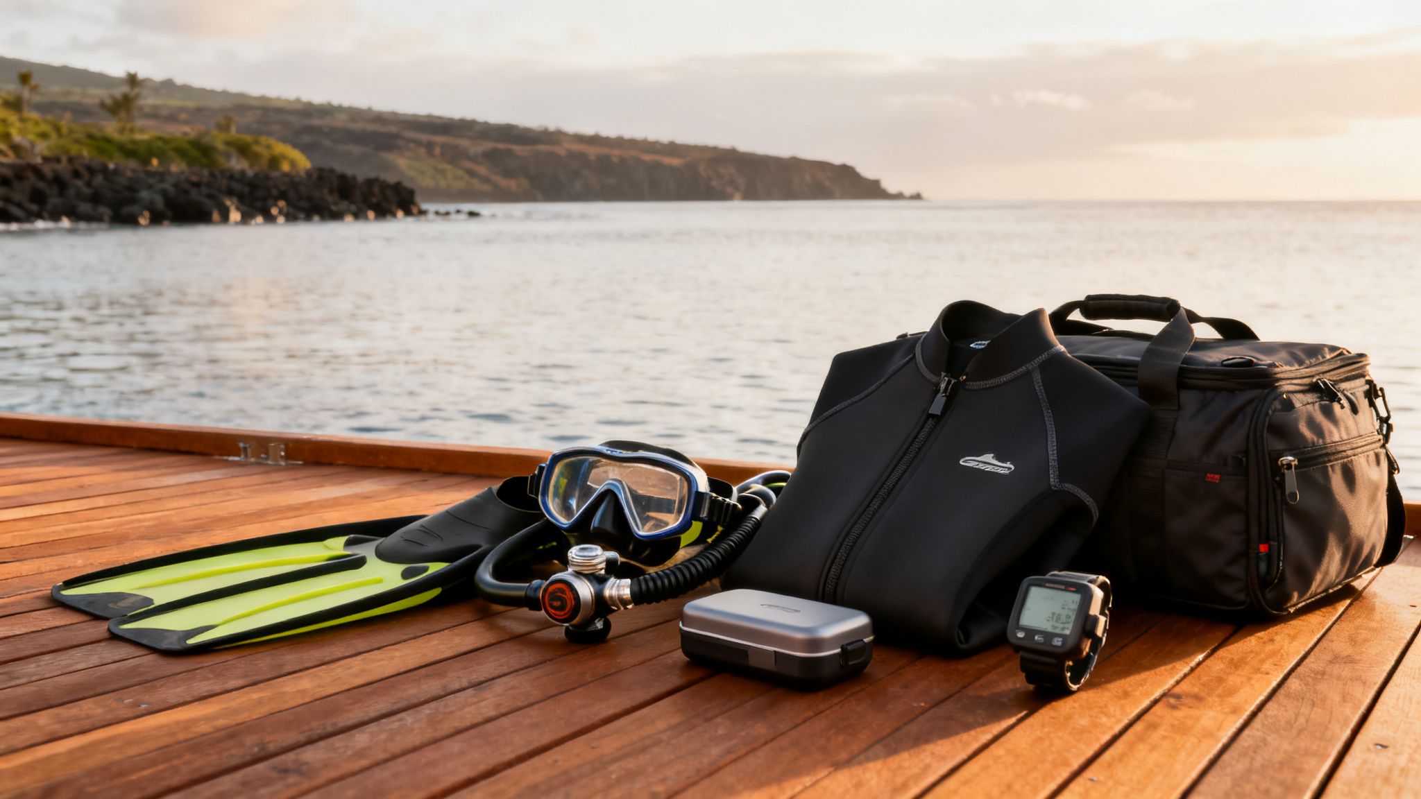 Diving gear, including fins, mask, wetsuit, and a dive computer, on a pier at sunset.