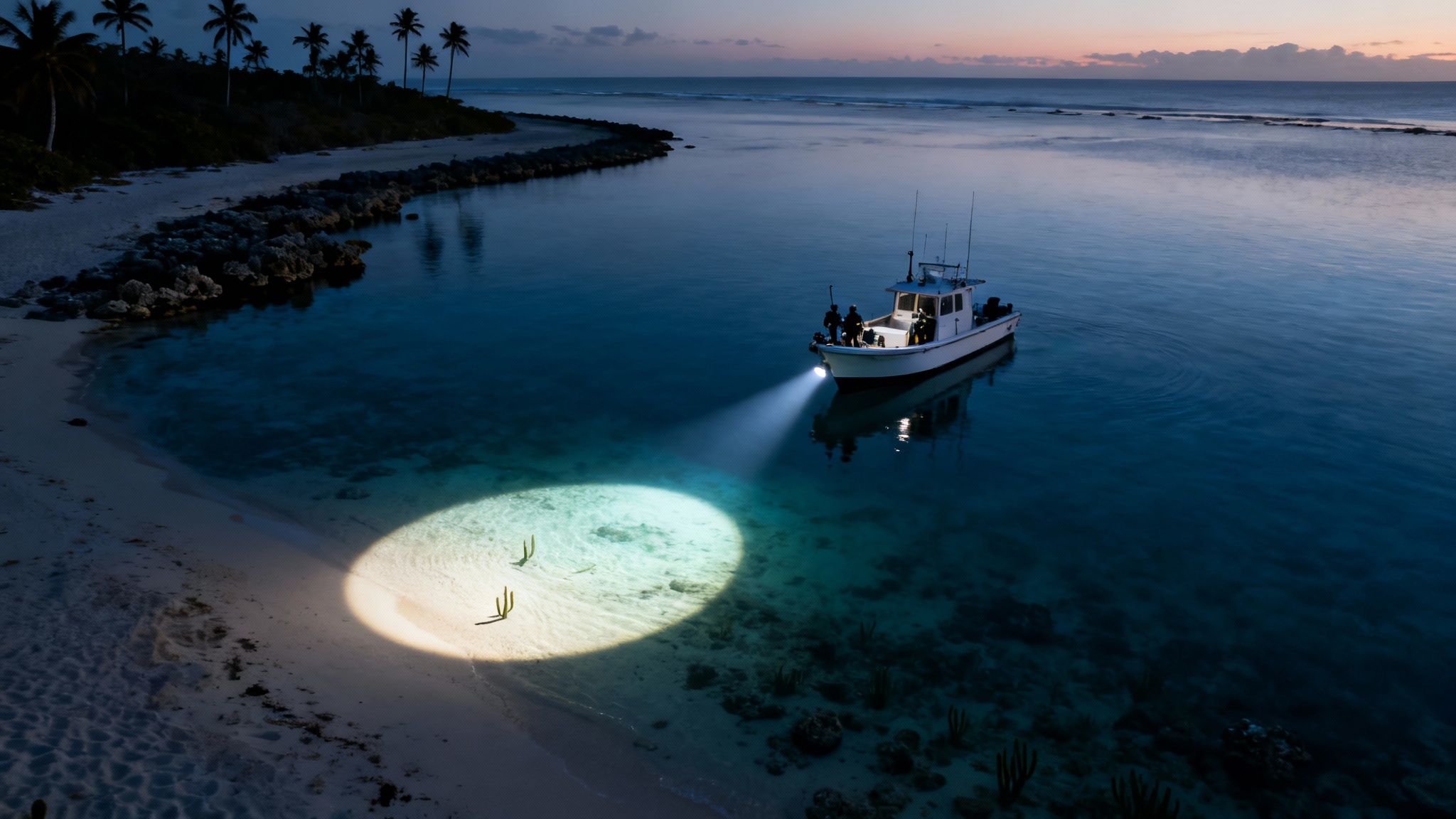 A boat illuminates shallow tropical waters near a sandy beach with palm trees at dusk.