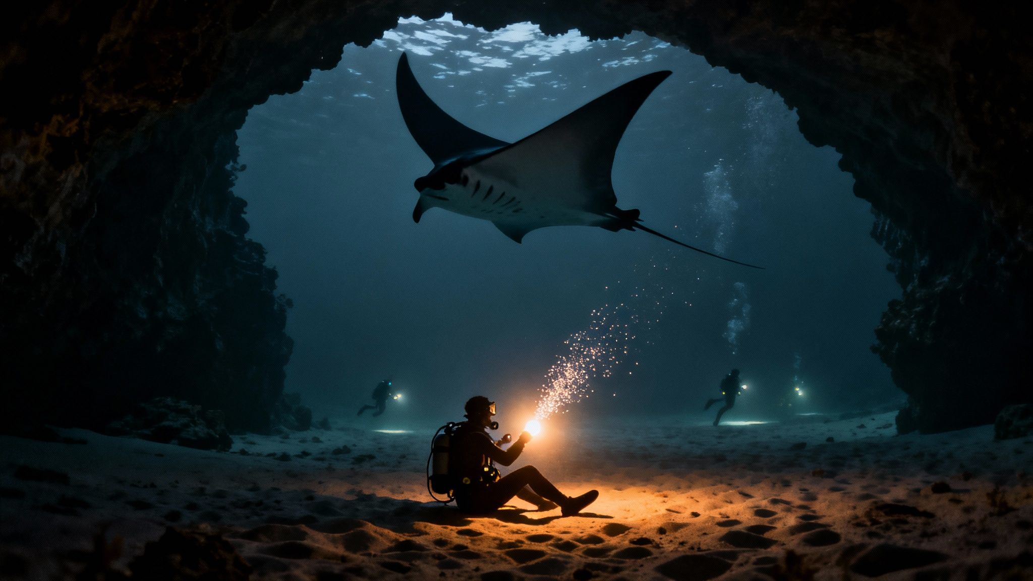 A diver sits on a sandy seabed, illuminating a majestic manta ray with a sparkling light in an underwater cave.