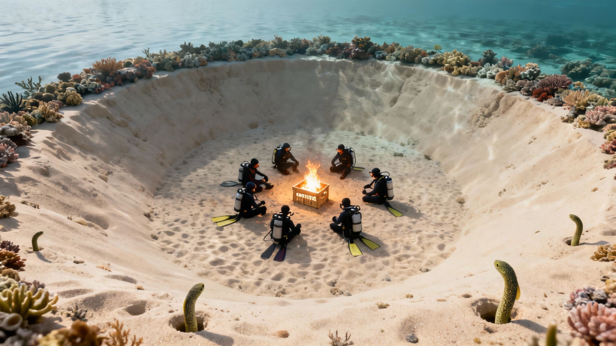 Scuba divers in wetsuits sit in a circle around a glowing 'campfire' in an underwater sand pit.
