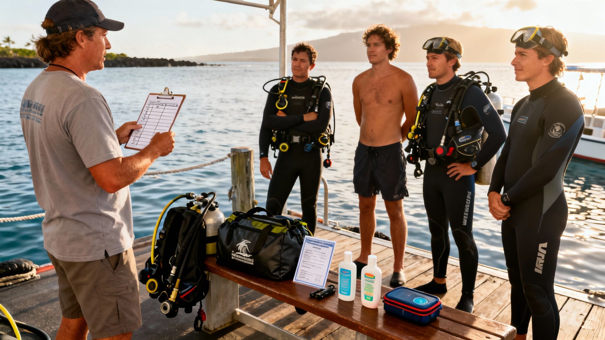 A diving instructor briefs four students on a dock with scuba gear at sunset.