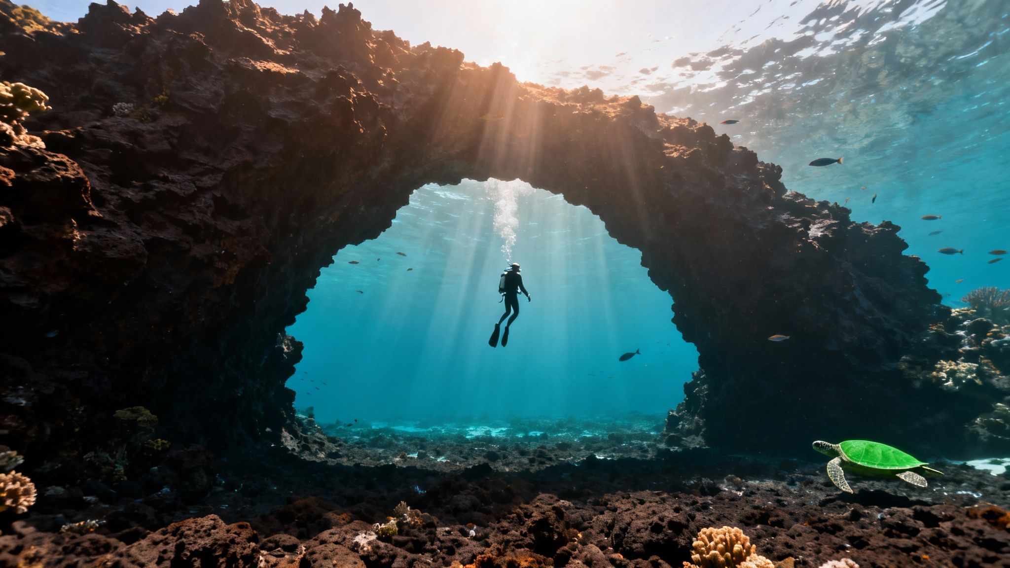 Scuba diver swimming through a majestic underwater archway with sun rays, coral reefs, and a sea turtle.