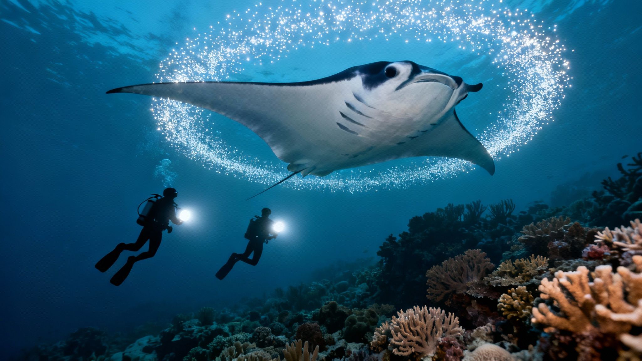 Two scuba divers observe a majestic manta ray swimming above a vibrant coral reef with glowing particles.