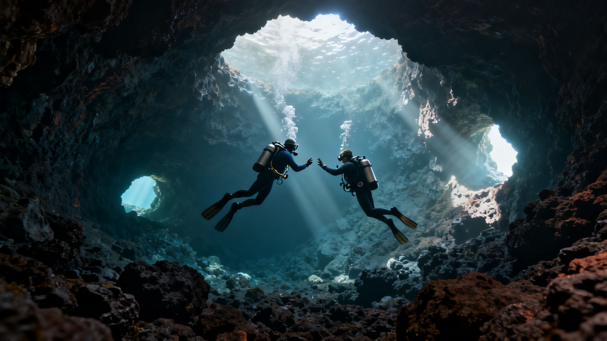 Two divers, surrounded by glowing sun rays, reach out in an ethereal underwater cave.