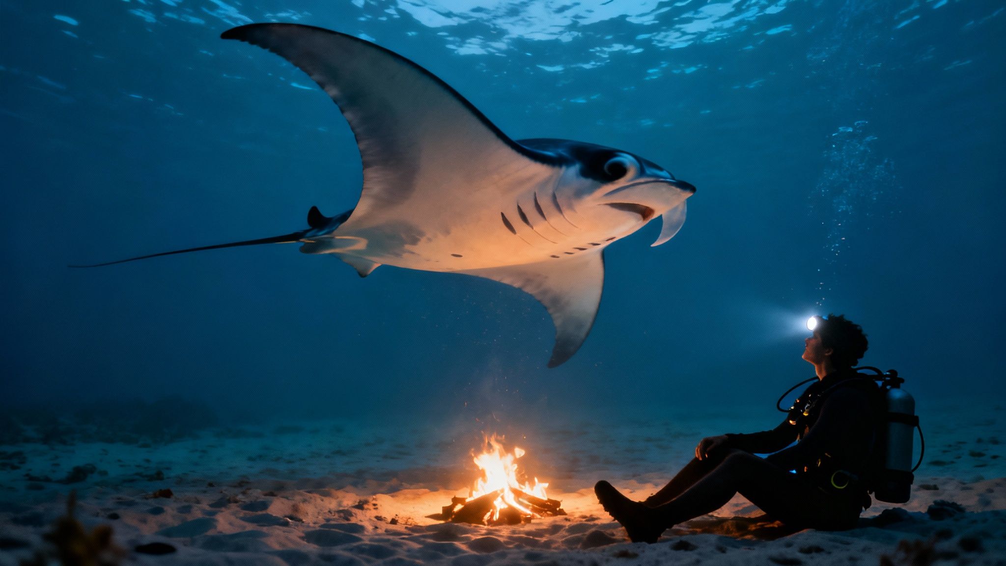 A scuba diver illuminates a massive manta ray with a dive light during a night dive in Kona.