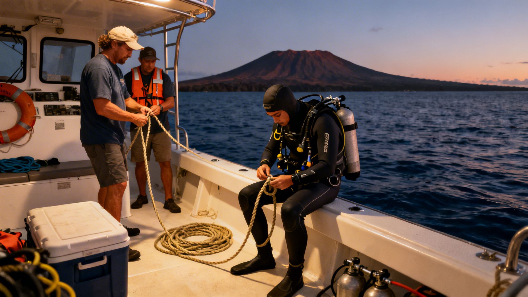 Three men on a boat, one in dive gear, preparing ropes with a volcano in the background at dusk.