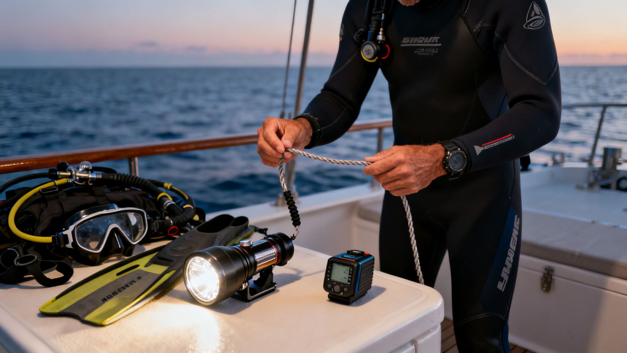 A diver in a wetsuit on a boat deck prepares for a night dive, holding a rope amidst diving gear.