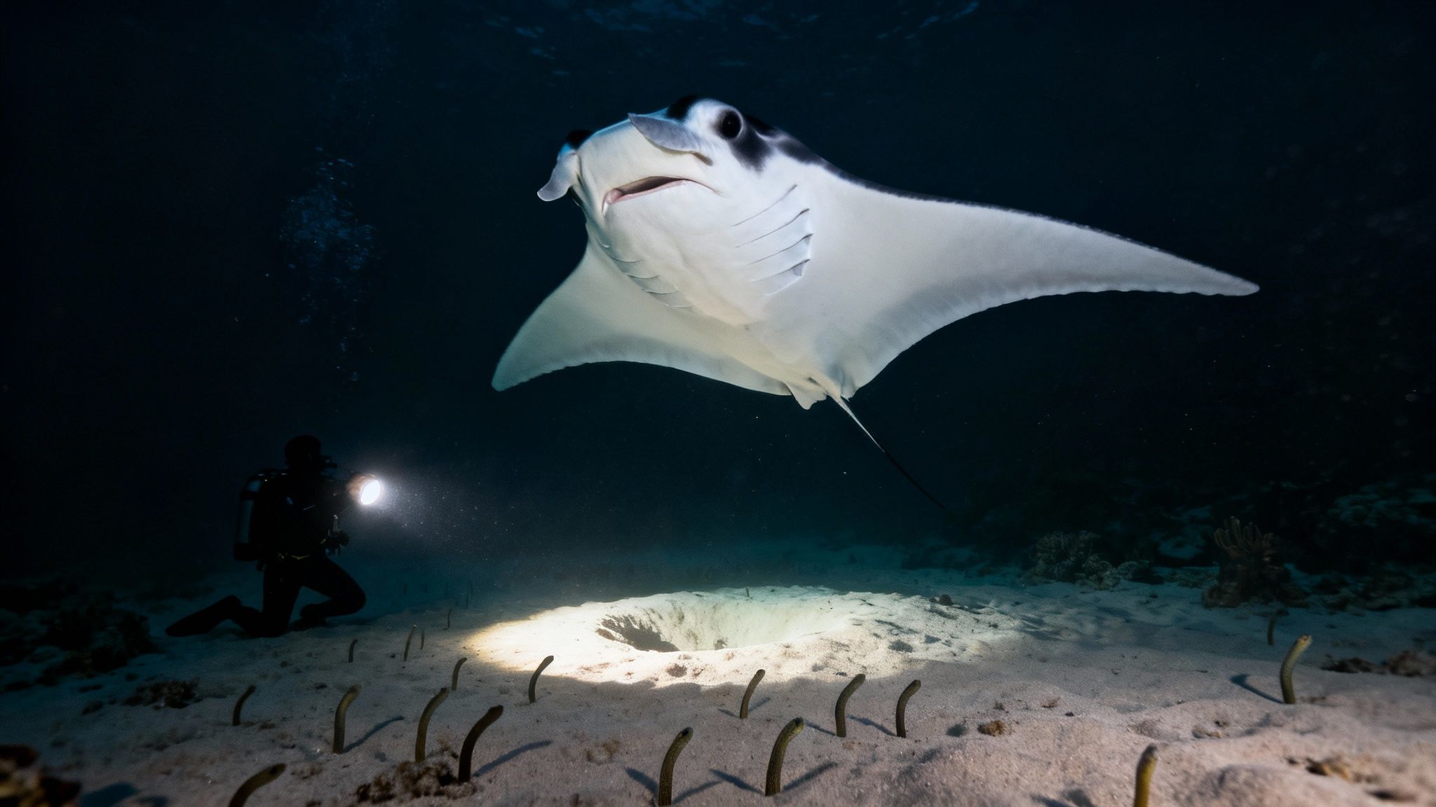 A scuba diver illuminates a coral reef at night with a flashlight, revealing vibrant colors and fish.