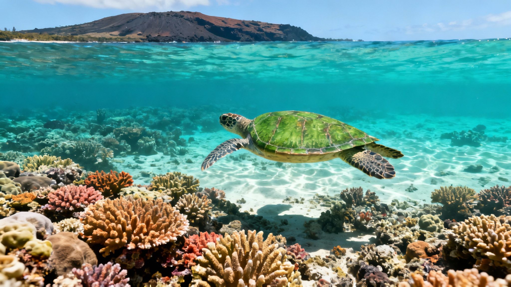 A vibrant split-level view of a green sea turtle swimming over colorful coral reefs, with a volcanic island above water.